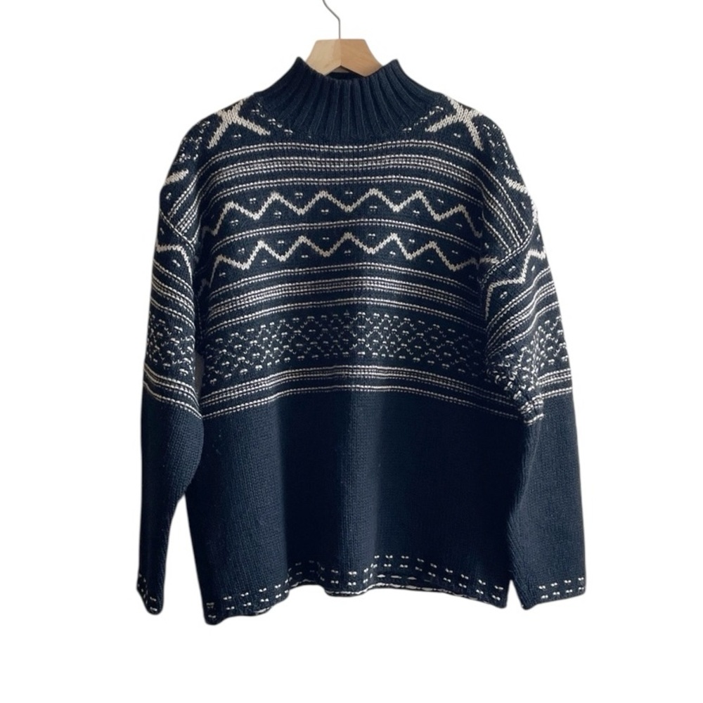 Jones NY 100% wool 90s grey and cream Fair Isle ski sweater size M medium
